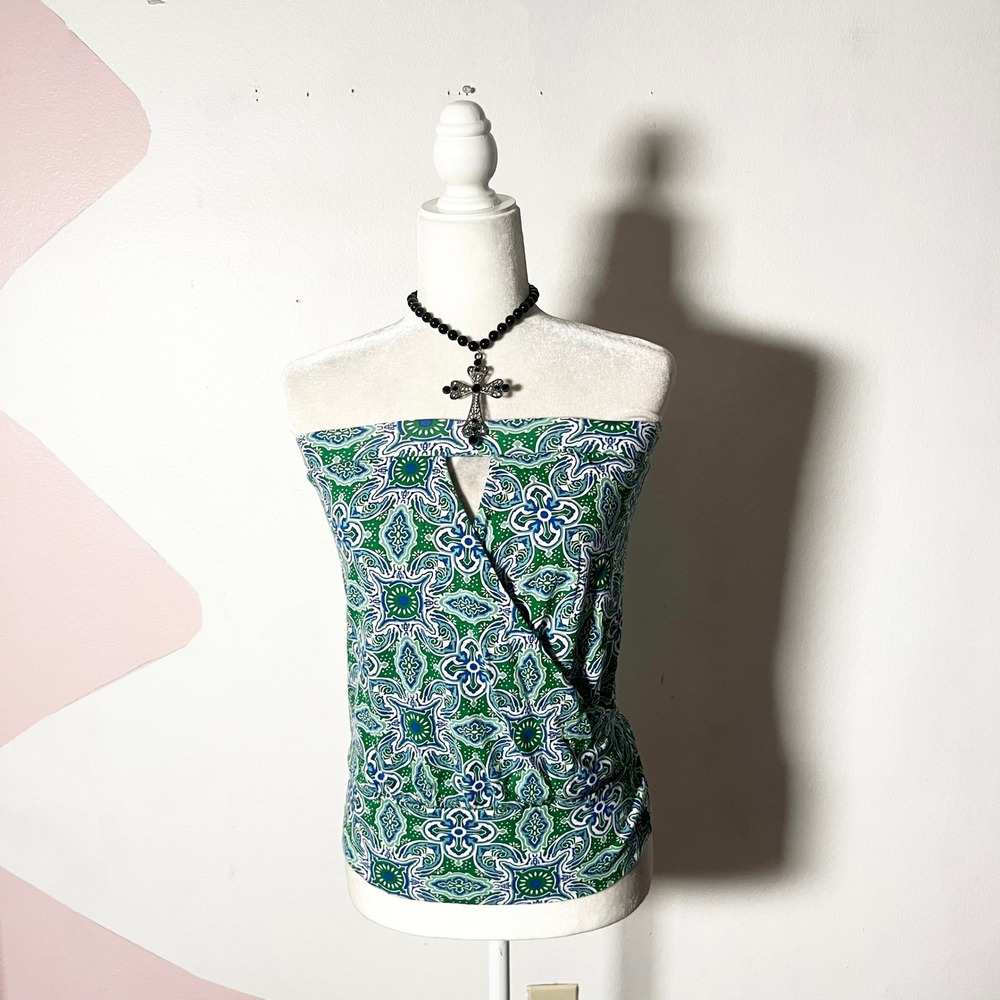 Vtg Y2k 2000s Tube Top Womens XS Green Floral Fairycore